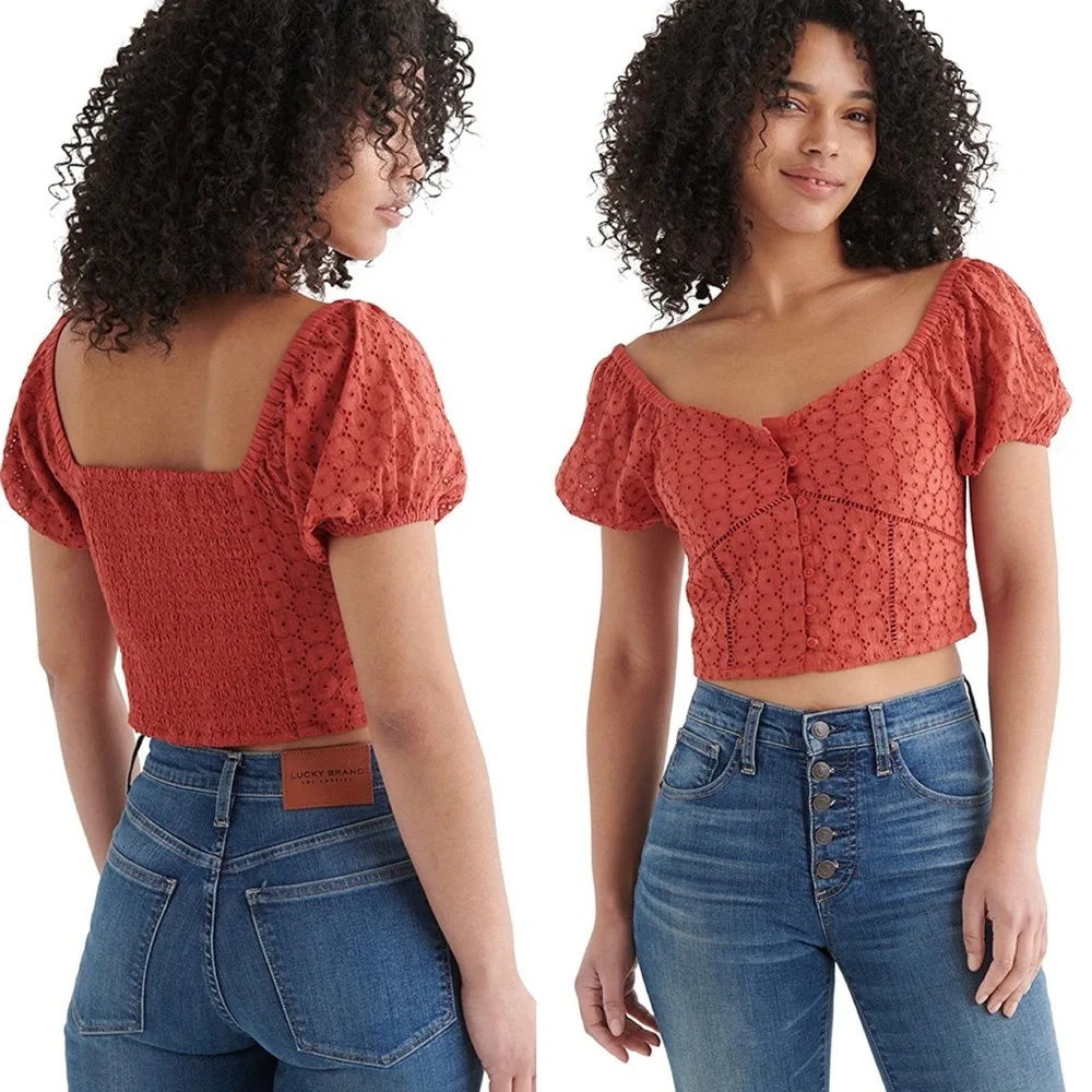 Lucky Brand Red Eyelet Button Front Peasant Puff Sleeve Shirt Tandori Spice - Picture 1 of 12